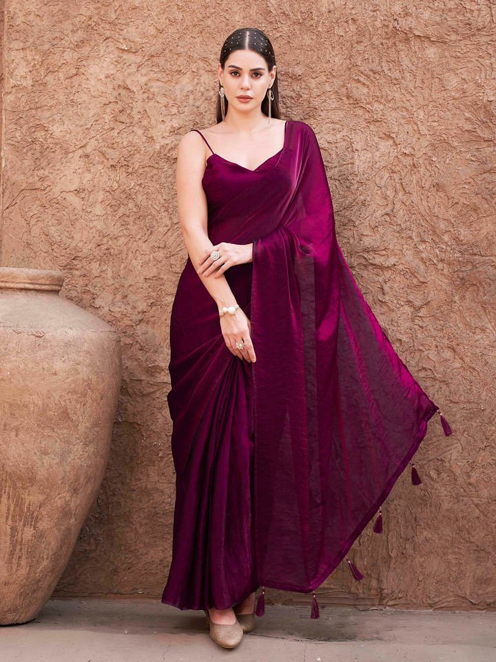 Wine Colored Shimmer Pre-Draped Saree with Unstitched Blouse