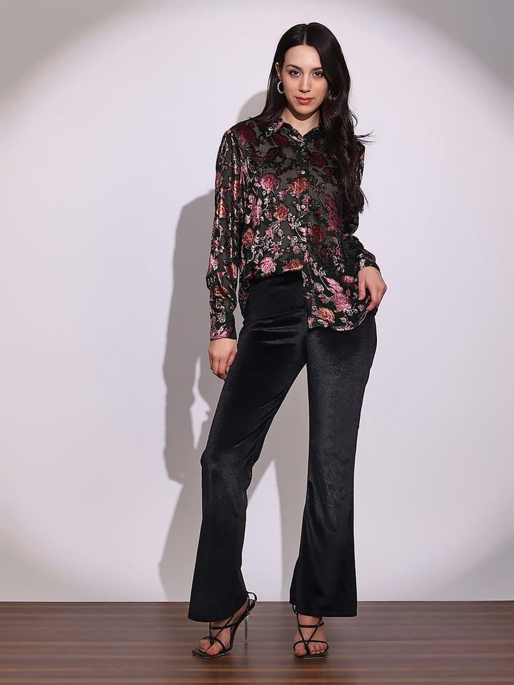 Globus Women Black Floral Self Design Party Shirt