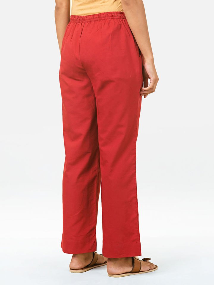 Red Cotton Wide Casual Pant