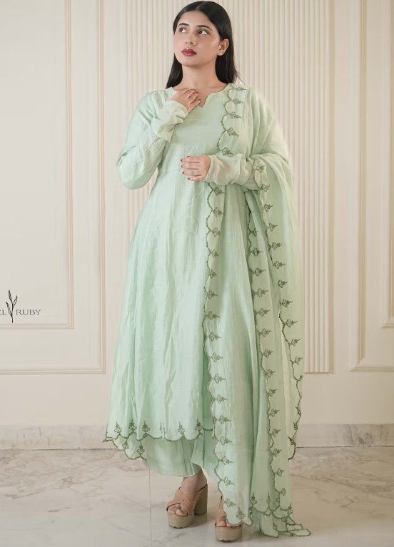 Mint Green Mul Chanderi Anarkali with Pant and Dupatta