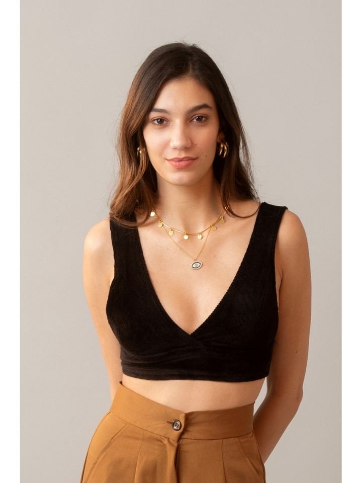 Women Black Corduroy Bralette Style Crop Top