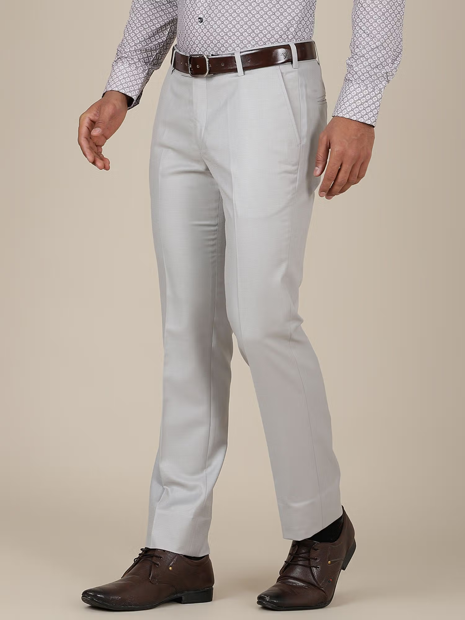Mens Light Grey Slim Fit Solid Terry Rayon Formal Trouser