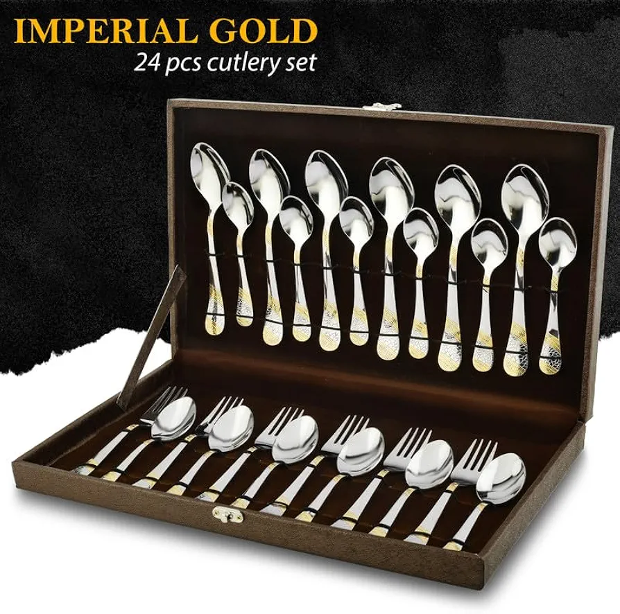 24 Pieces Premium Stainless Steel 24k Golden Cutlery Set, Home & Kitchen with Gift Box, 24 Karat Gold Plated (6 Pieces Each Table Spoons, Table Forks, Dinner Spoons & Tea Spoons)Leatherite Box
