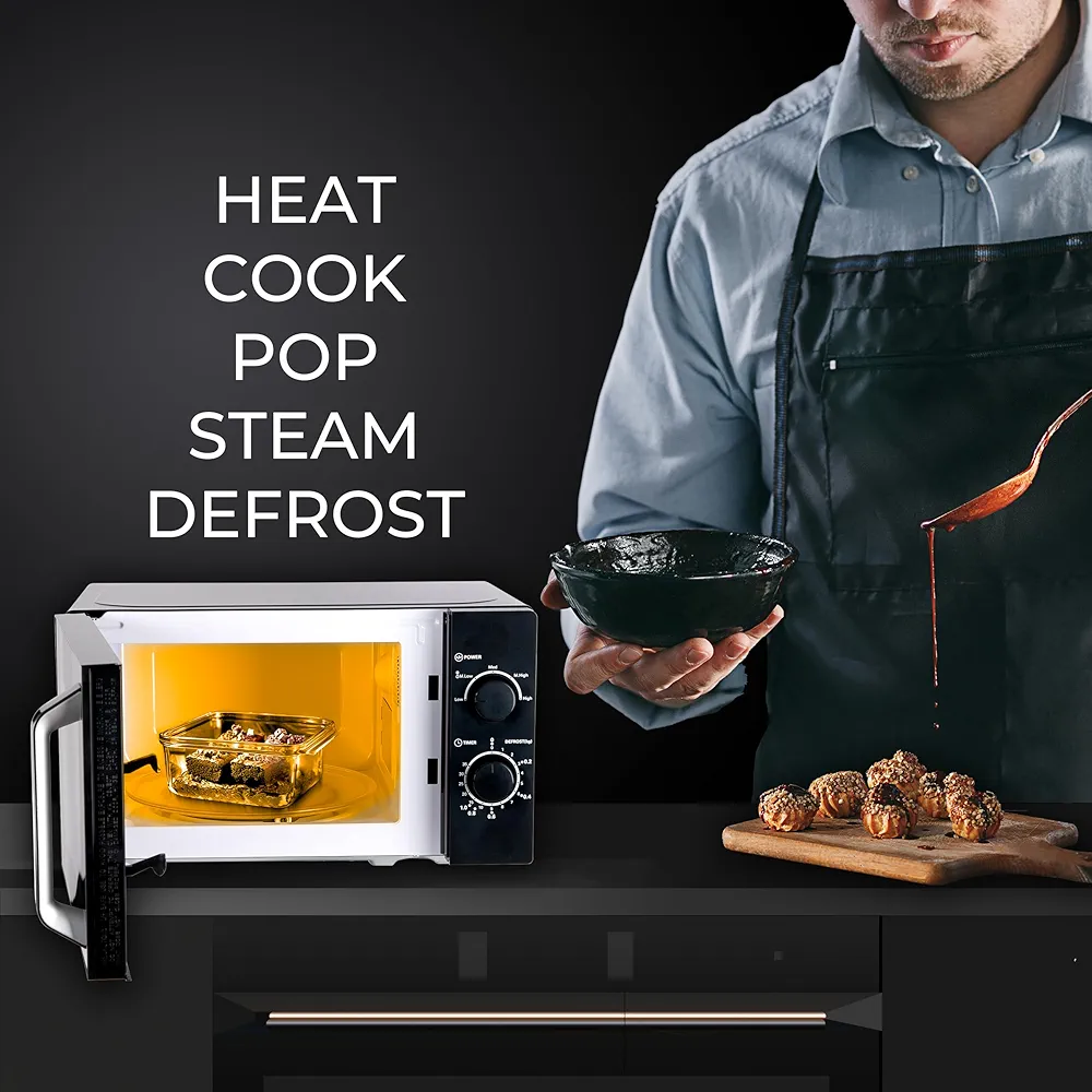 Pigeon 20L Nano Wave Solo Microwave Oven | 700 Watts | 5 power levels (Re-Heat, Pop, Cook, Steam, Defrost - SKSMWO20L) | Black