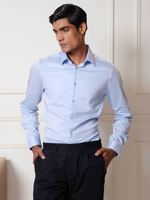 Men Sky Blue Slim Fit Solid Cotton Satin Evening Shirt