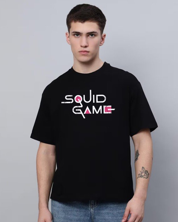 Official Squid Game Men Half Sleeves Black Graphic Oversized Fit T-Shirt