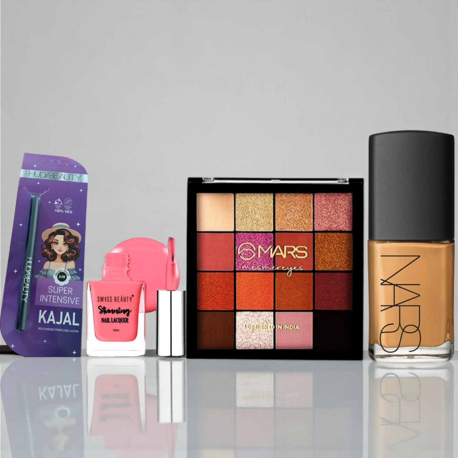 Makeup Combo set-Huda Kajal Deep Black Creamy Smooth Eye Maker,MARS Mesmereyes Eyeshadow Palette, SWISS BEAUTY Stunning Matte Finish Nail Lacquer, NARS Sheer Glow Foundation