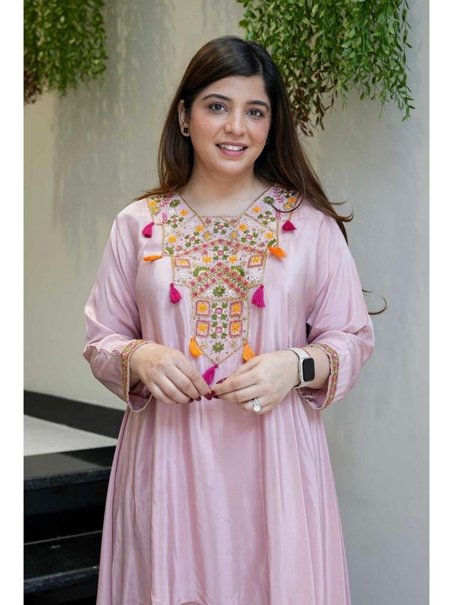 Pink V-Neck Embroidered Fit and Flare Kurta and Palazzo