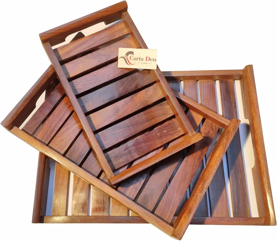 Wooden Serving Trays Modern Style With Cutout Handle Large, Medium And Small For Food, Wooden Trays For Breakfast - Natural Wood And Brown (Set of 3) Rectangular