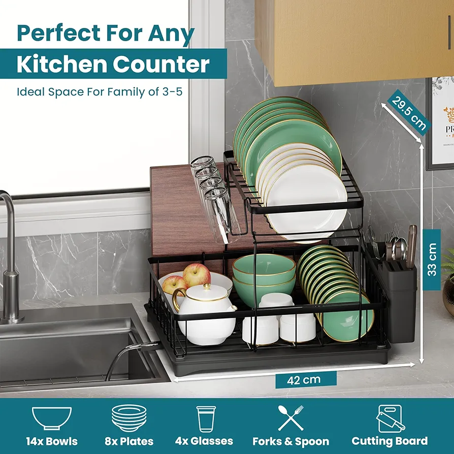 2 Tier Dish Drainer Rack with Drainage Spout,Detachable Dish Drainer Rack,Draining Board Rack with Utensil Holder,Sink Drainer Rack with Drip Tray(Stainless Steel,Black)