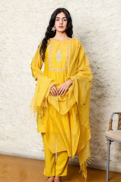 Mustard Embroidered Kota Doria Dupatta