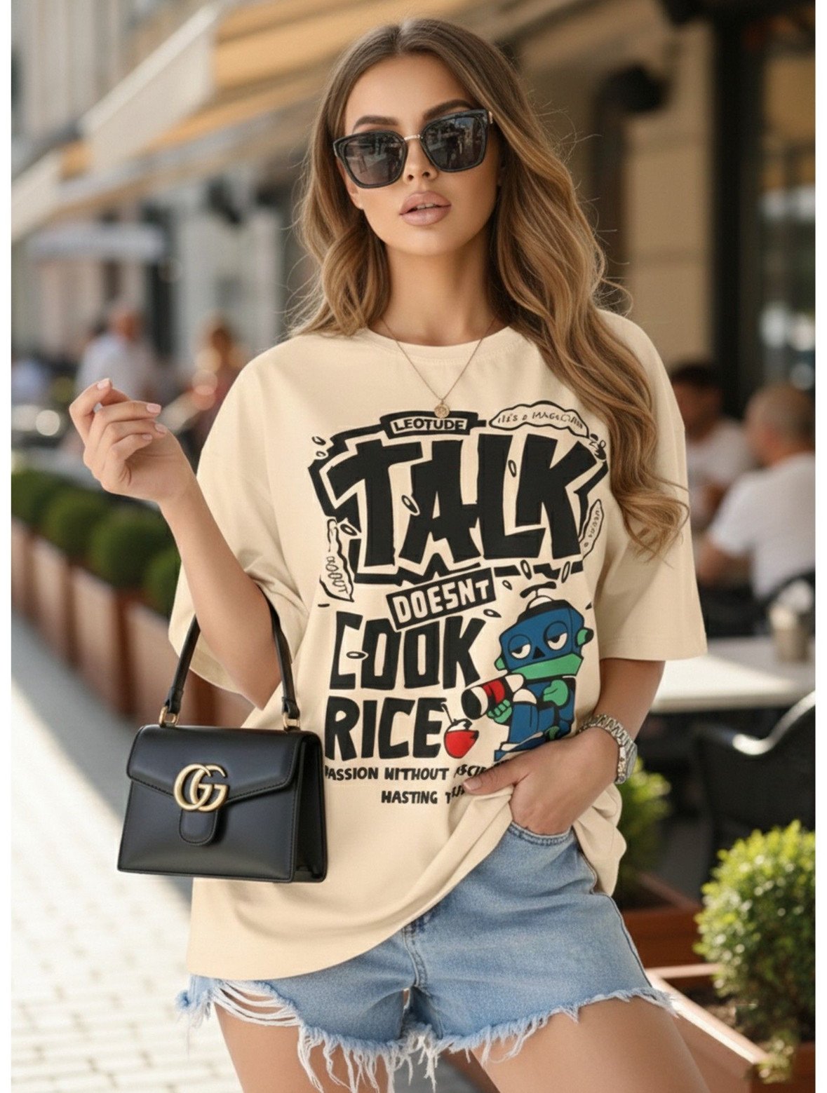 Cotton Blend Printed Oversized Crew Neck Beige T-Shirt