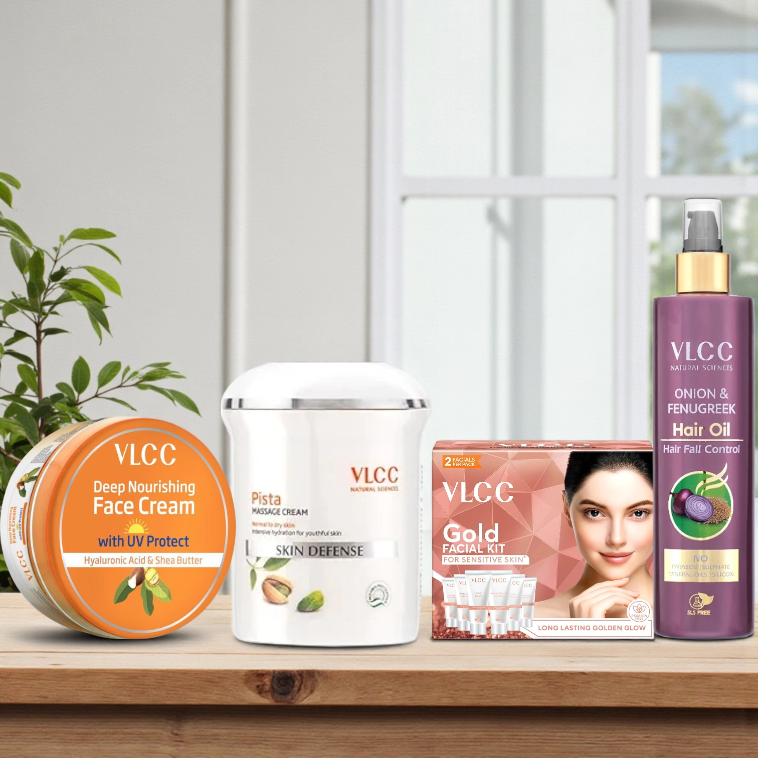 VLCC Combo Set- Onion & Fenugreek Hair Oil,Deep Nourishing Face Cream,Gold Facial Kit for Sensitive Skin,Pista Massage Cream