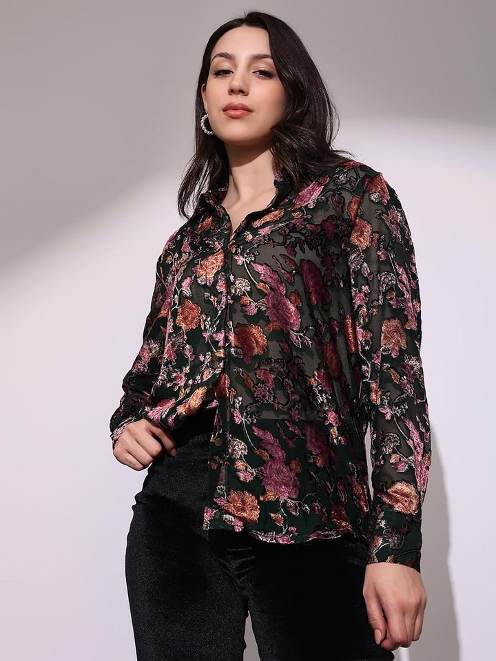 Globus Women Black Floral Self Design Party Shirt