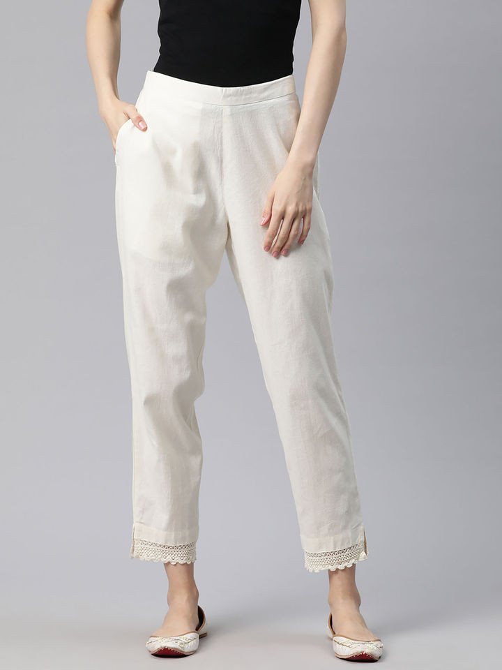 Women Cotton Solid Straight Trouser Pants Light Beige