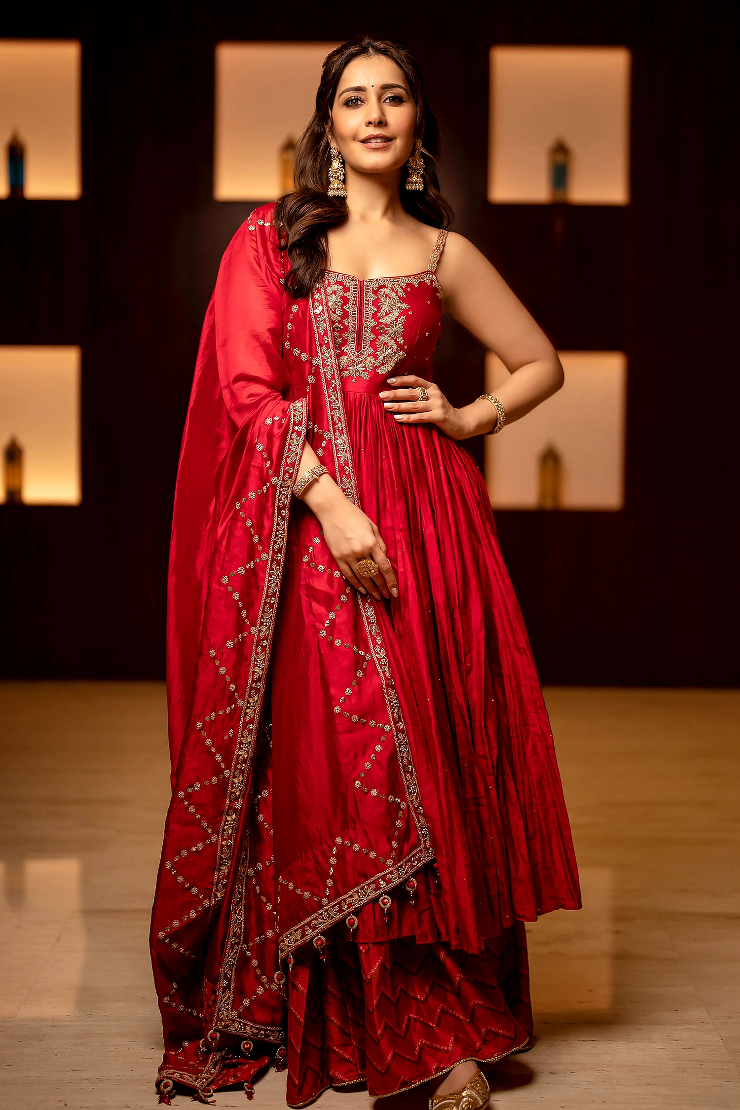 Red Chanderi Silk, Organza Embroidery, Zari Marodi Yoke Anarkali Gharara Set