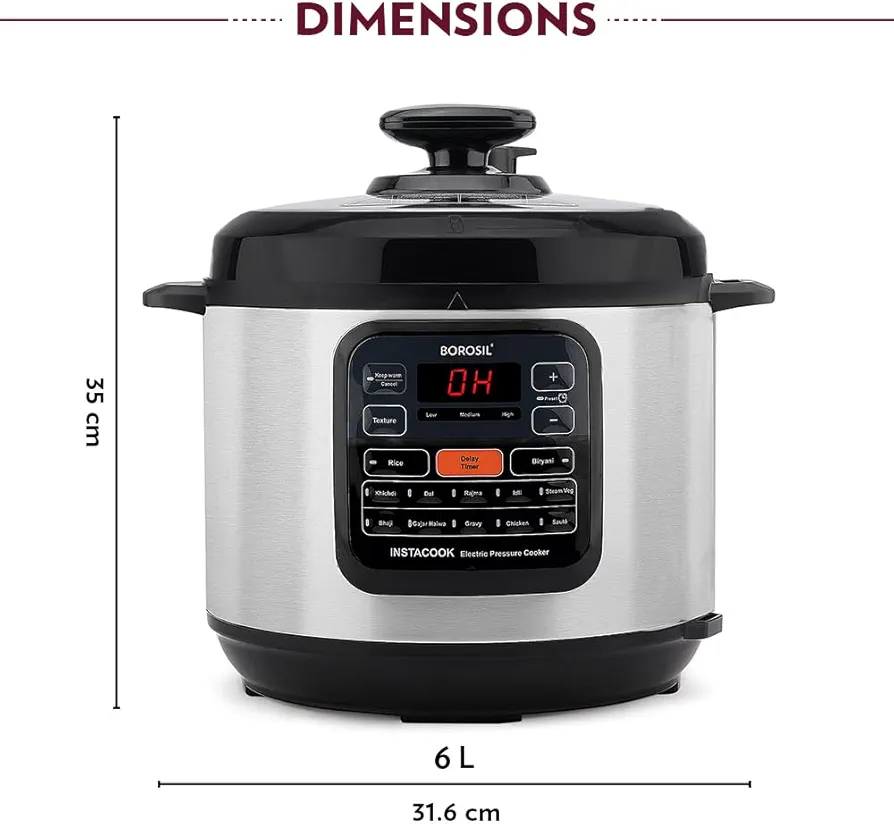 Borosil Pronto Electric Rice Cooker | Keep Warm Feature with Indicator Display, Anti Skid Rubber Feet | Cook & Boil Noodles, Rice, Upma, Idli | 2 Years Warranty (INSTACOOK 6 L)