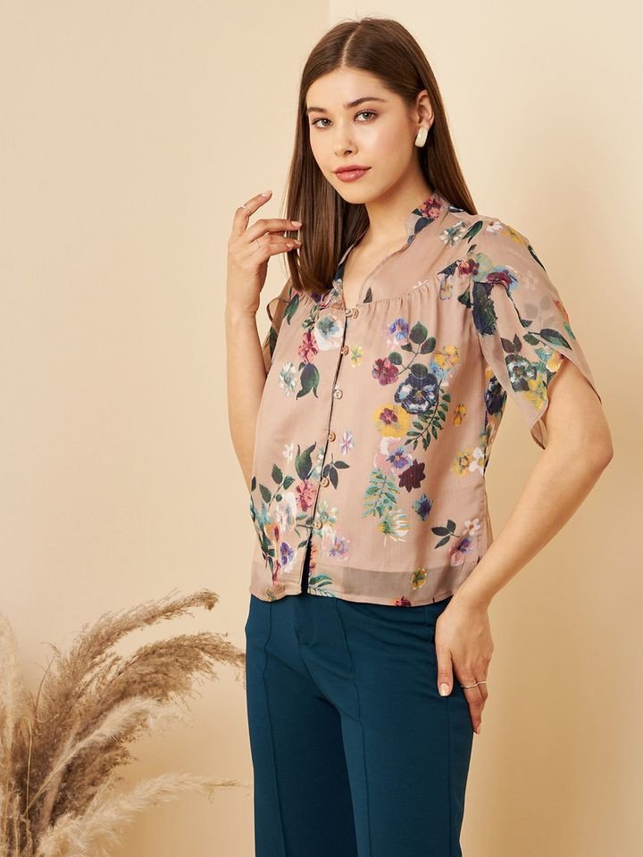 Women Casual Multi Colour Mandarin Neck Floral Regular Top