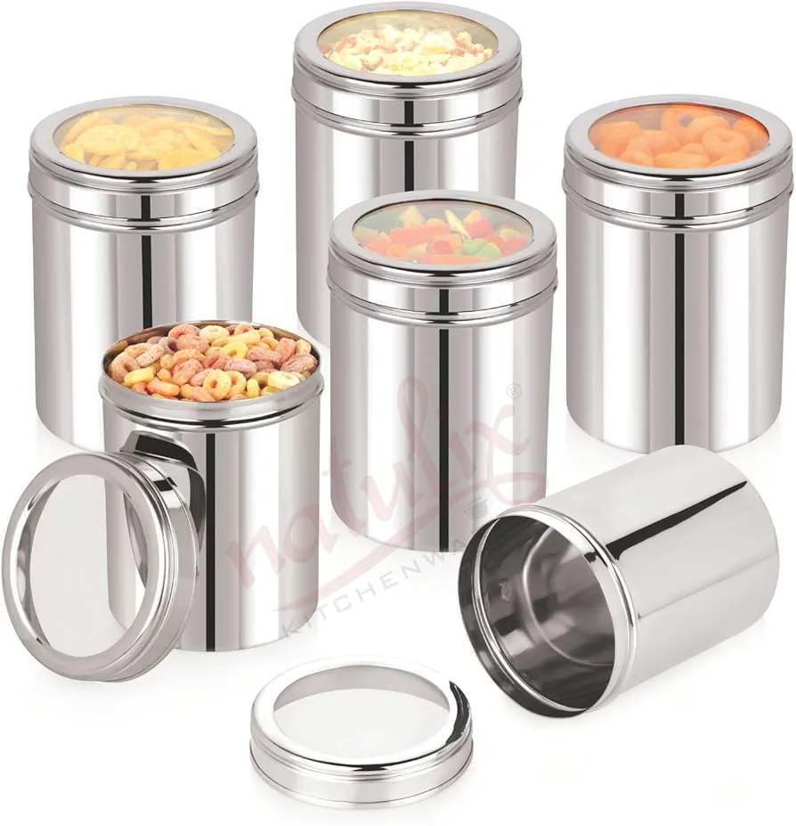 1 Kg Stainless Steel Containers for kitchen with See Through Lid | Kitchen Containers Set | Silver (1250ml - 6pcs) Food Grains Capacity -