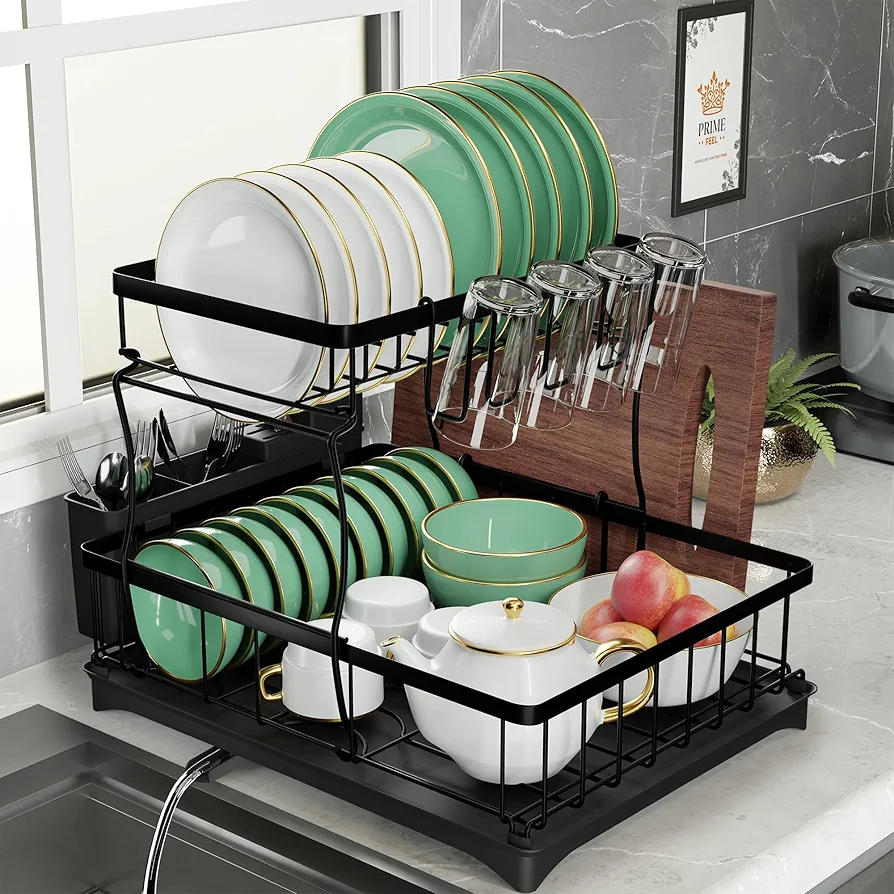 2 Tier Dish Drainer Rack with Drainage Spout,Detachable Dish Drainer Rack,Draining Board Rack with Utensil Holder,Sink Drainer Rack with Drip Tray(Stainless Steel,Black)