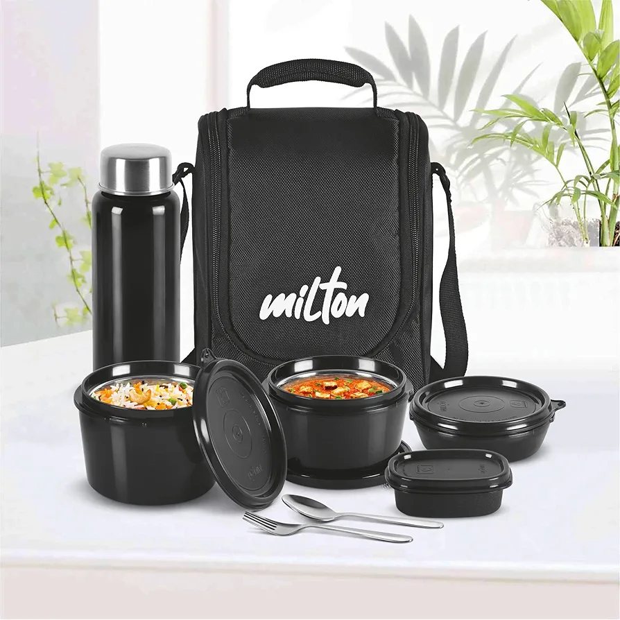 MILTON Pro Lunch Box with Steel Cutlery, 3 Microwave Safe Inner Steel Containers (180ml, 320ml, 450ml) Plastic Chutney Dabba 100ml, Bottle 750ml with Insulated Bag, Office Tiffin, Black