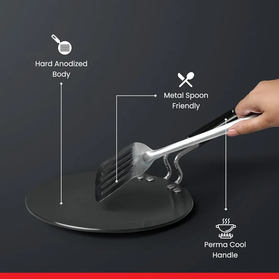 Prestige Hard Anodised Roti Tawa 22.5 cm | Thick Base (4 mm) | Gas & Induction Compatible | Metal Spoon Friendly | Stay Cool Handle | Wide Base | 2Y Warranty | ISI