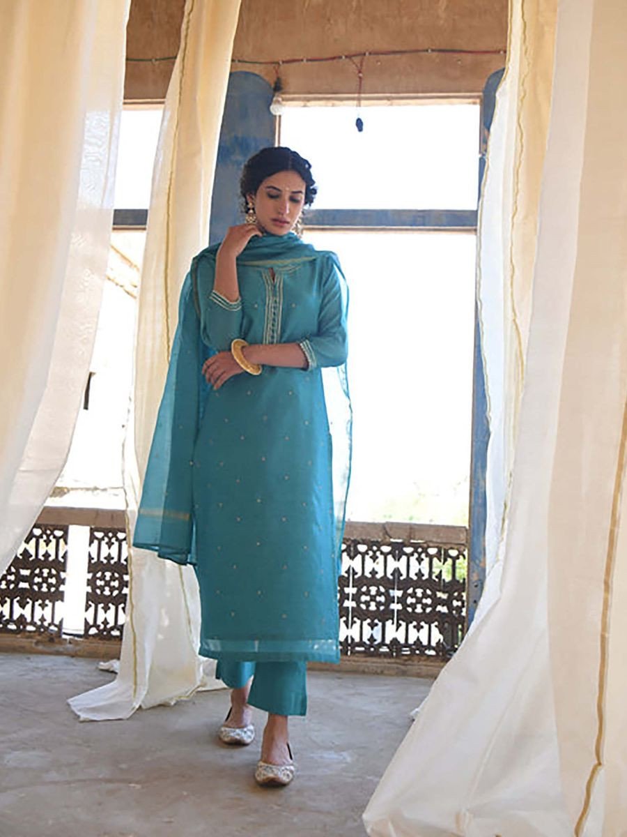 Women Chanderi Teal Kurta with Pant and Dupatta