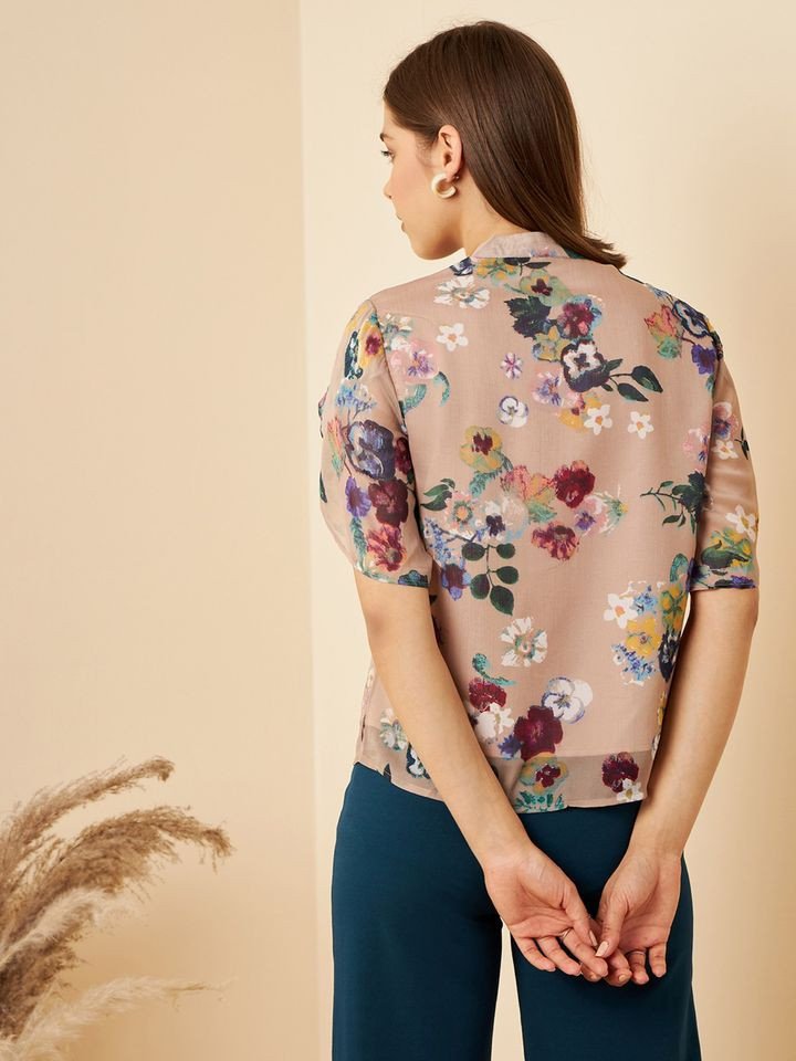 Women Casual Multi Colour Mandarin Neck Floral Regular Top