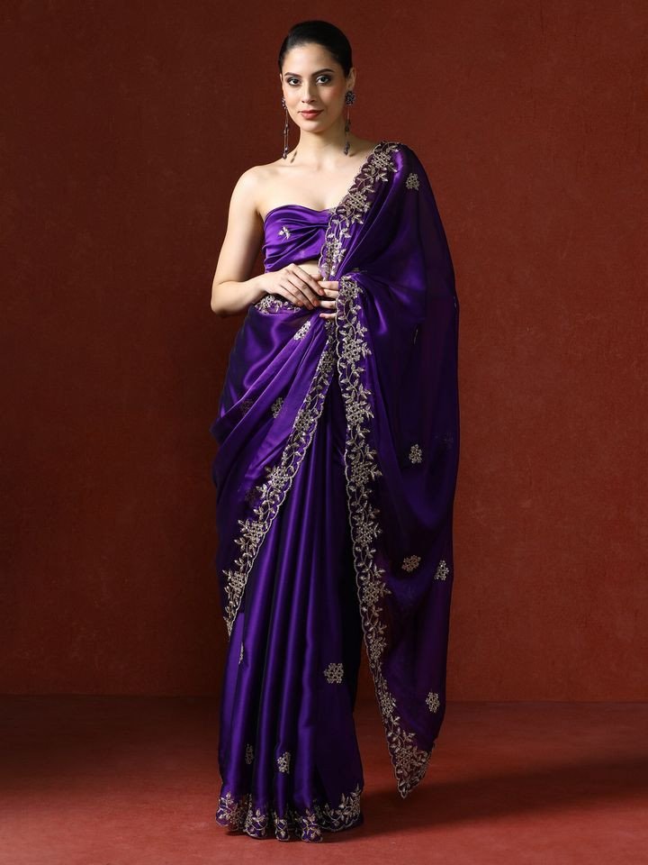 Purple Embellished Satin Silk Sequinned Saree with Unstitched Blouse