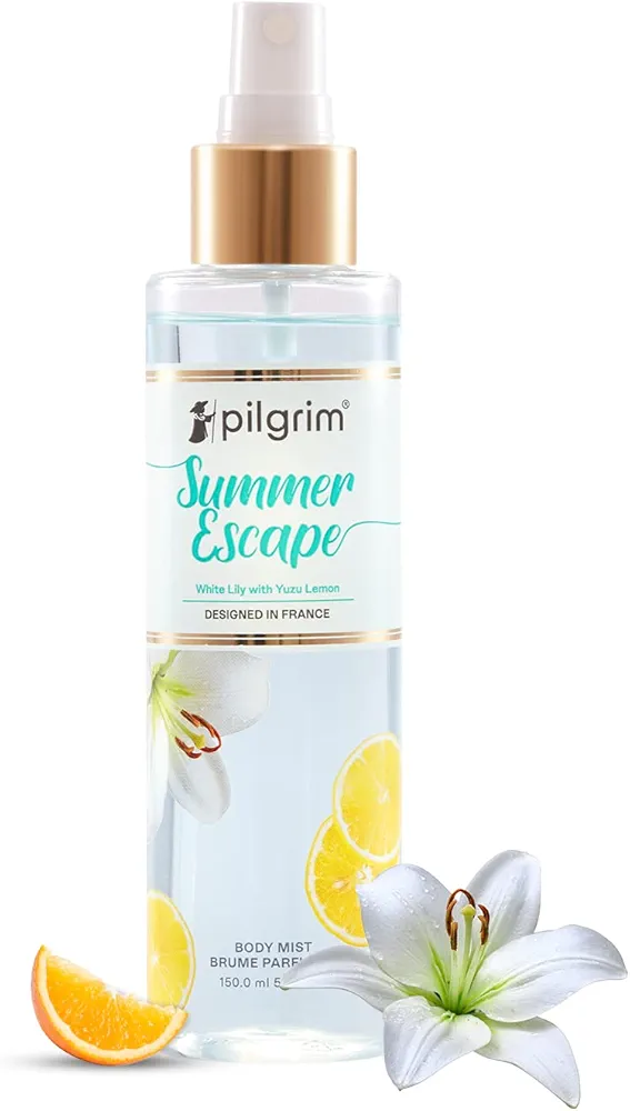 Pilgrim Summer Escape Body Mist (White Lily with yuzu lemon)| Citrus body mist for women long lasting| White lily & yuzu lemon for a vacation feel| Perfume for women| Designed in France