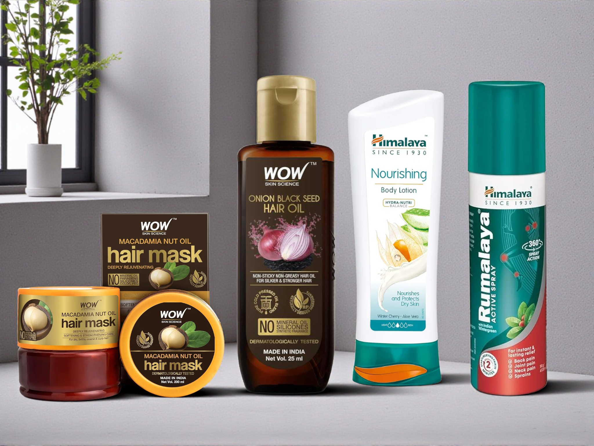 4 Product Combo- Himalaya Body Lotion,Himalaya Rumalaya Pain Relief, WOW Skin Science Onion Hair Oil,WOW Skin Science Macadamia Hair Mask