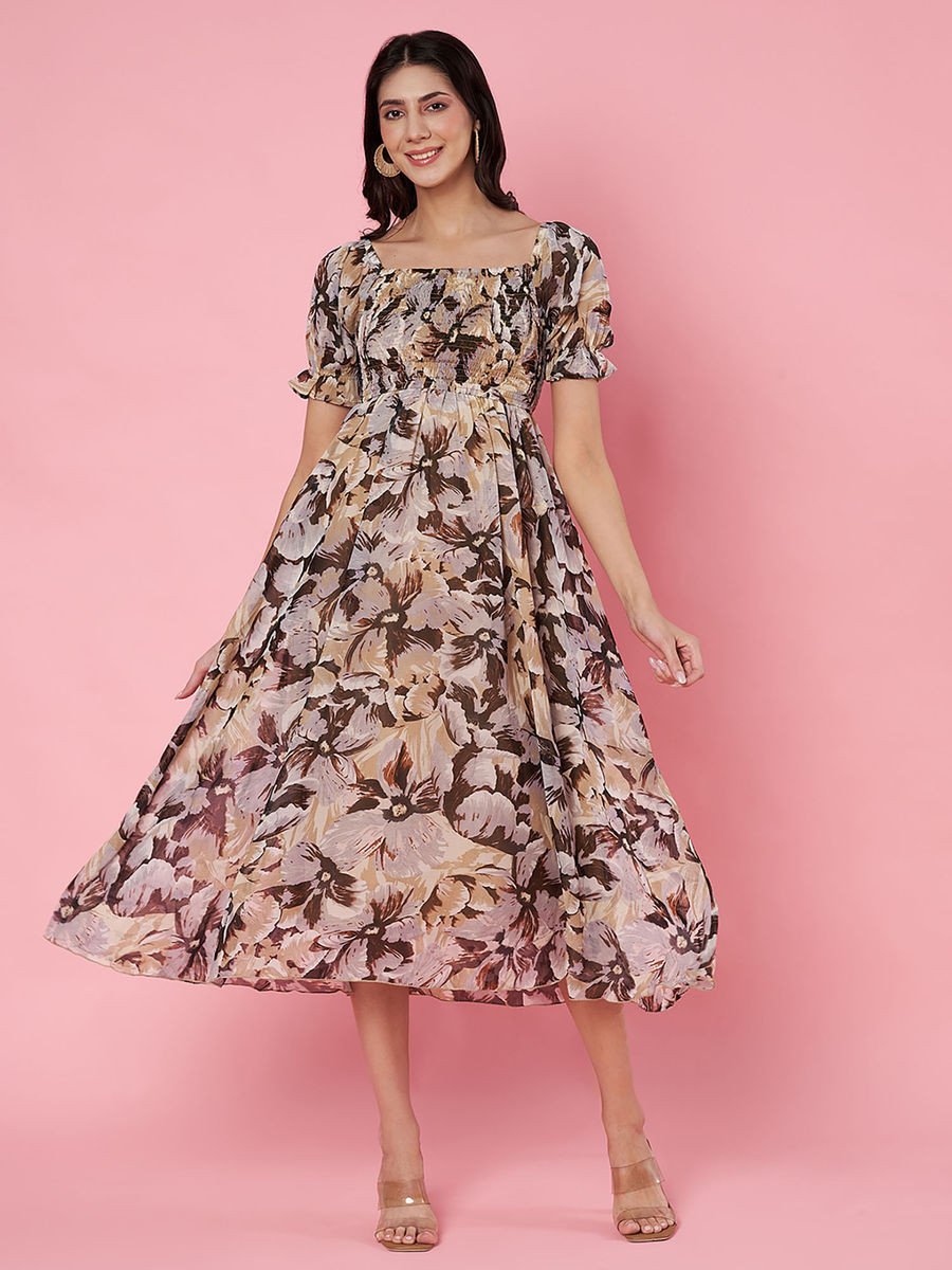 Beige Floral Print Puff Sleeve Chiffon Fit & Flare Midi Dress