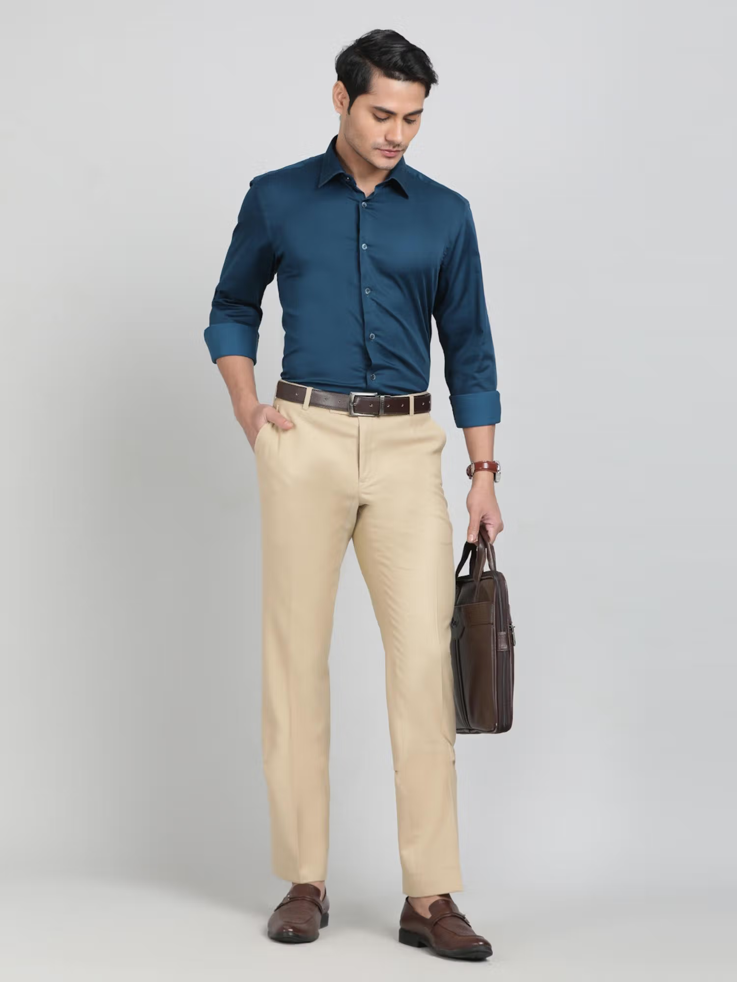 Khaki Poly Viscose Solid Formal Trouser