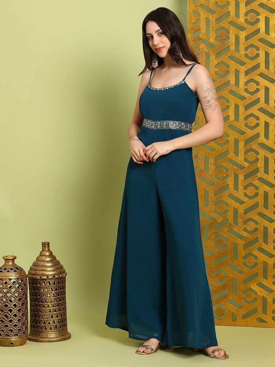 Green Shoulder Straps Embroidered Jumpsuit