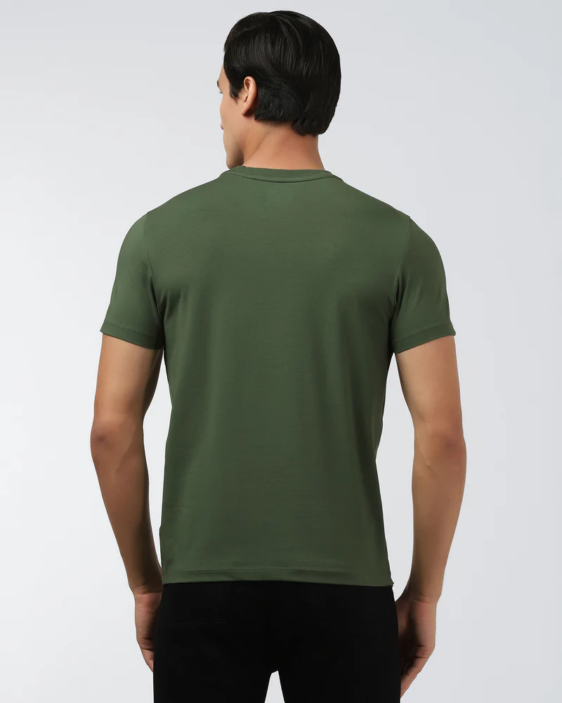 Olive Green Crew Neck Printed T-Shirt - Posi