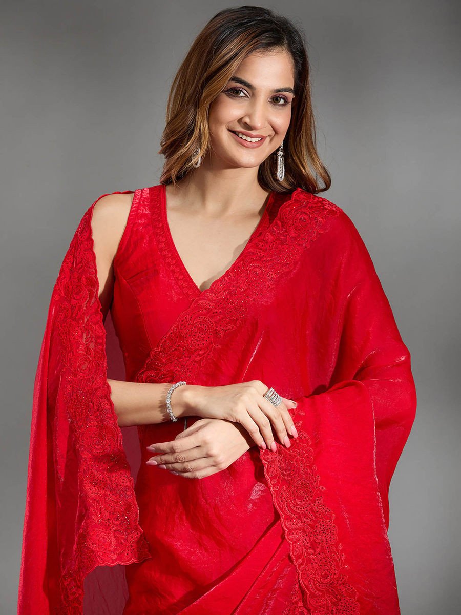Red Thread Work Tissue Saree with Unstitched Blouse