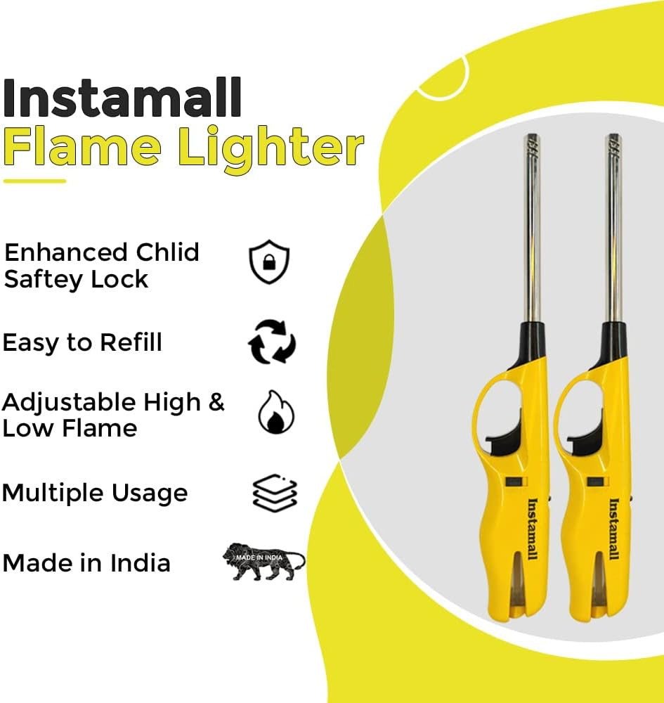 Plastic Adjustable Flame Lighter for Kitchen Stove,Candles, Refillable, Pack of 2 (Yellow)