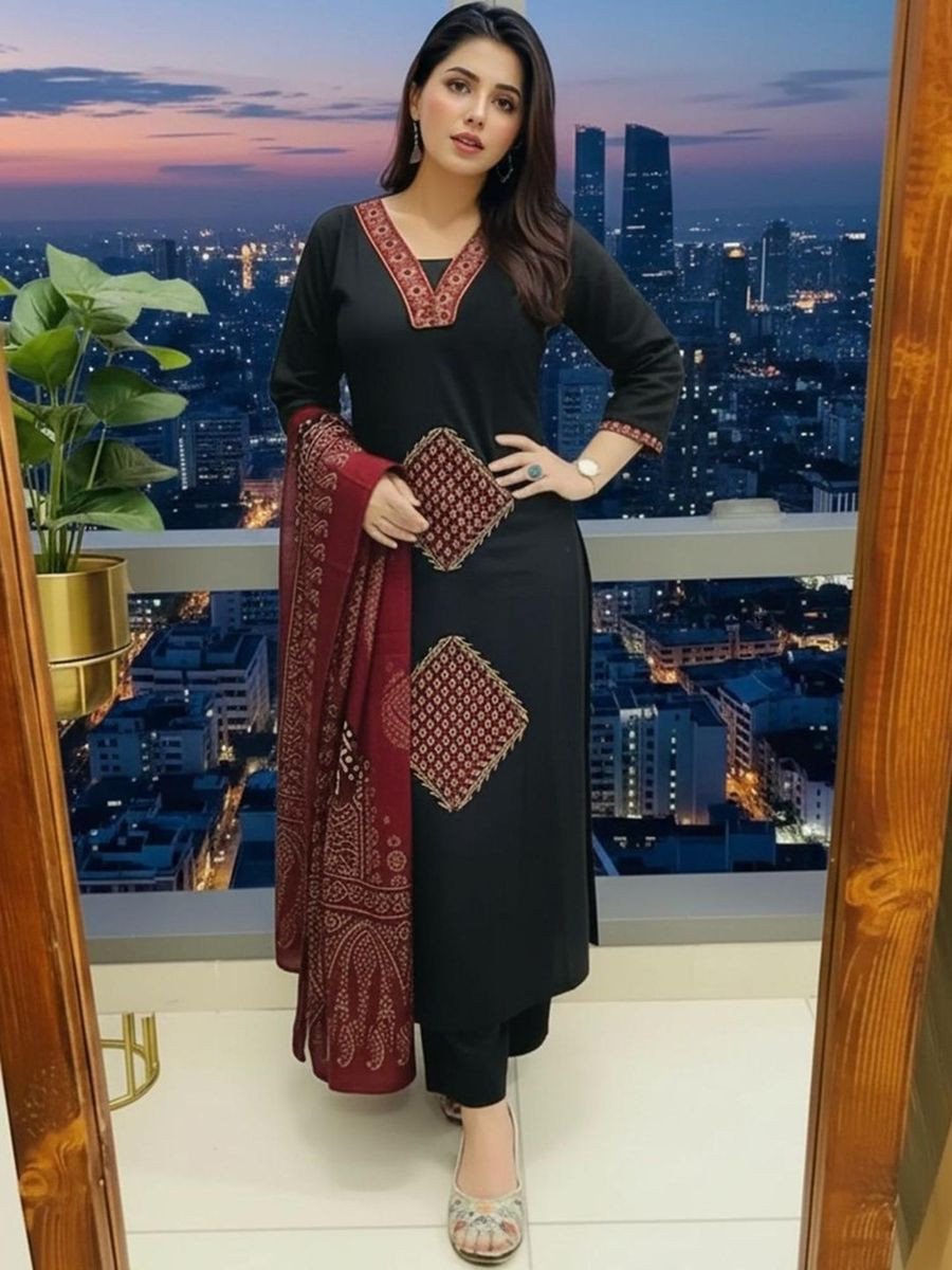 Womens Black Rayon Blend Printed Straight Kurta and Pant with Dupatta