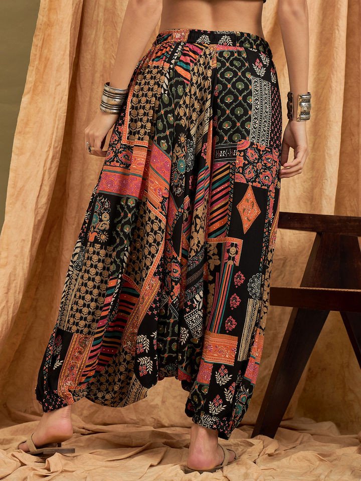 Black Multi Ethnic Cowl Harem Pant