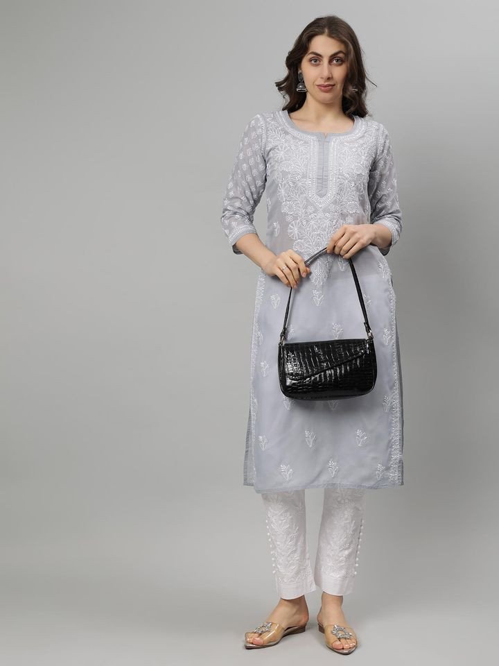 Hand Embroidered Grey Terivoil Cotton Lucknowi Chikankari Kurta