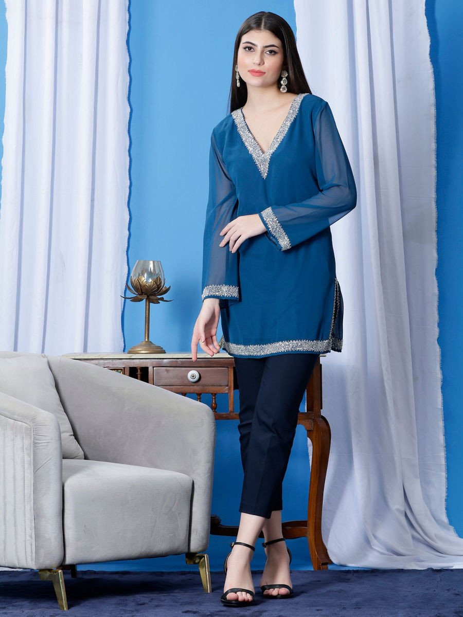 Blue Embellished V Neck Lining Kurti