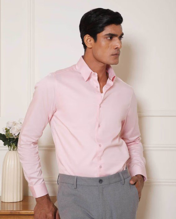 Men Ice Pink Slim Fit Solid Cotton Satin Evening Shirt