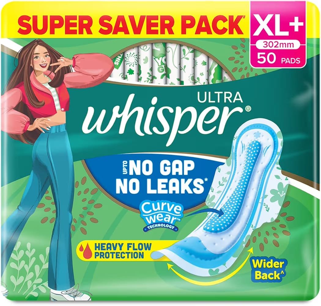 Whisper Ultra Upto No Gap No Leaks Sanitary Pads, 48 Xl Pads, For Heavy Flow Protection, With Curvewear ¢ Technology, Cotton Like Softness, Disposable Wrapper, Locks Odour & Wetness