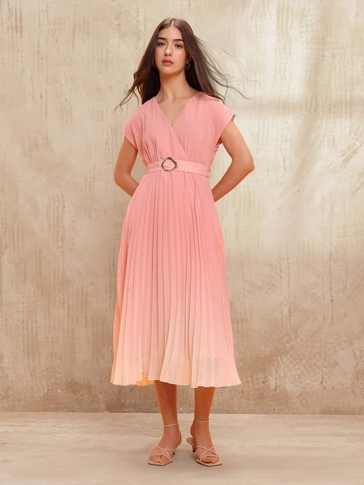 U S. Polo Assn. Accordion Pleated Ombre A-Line Dress with Belt