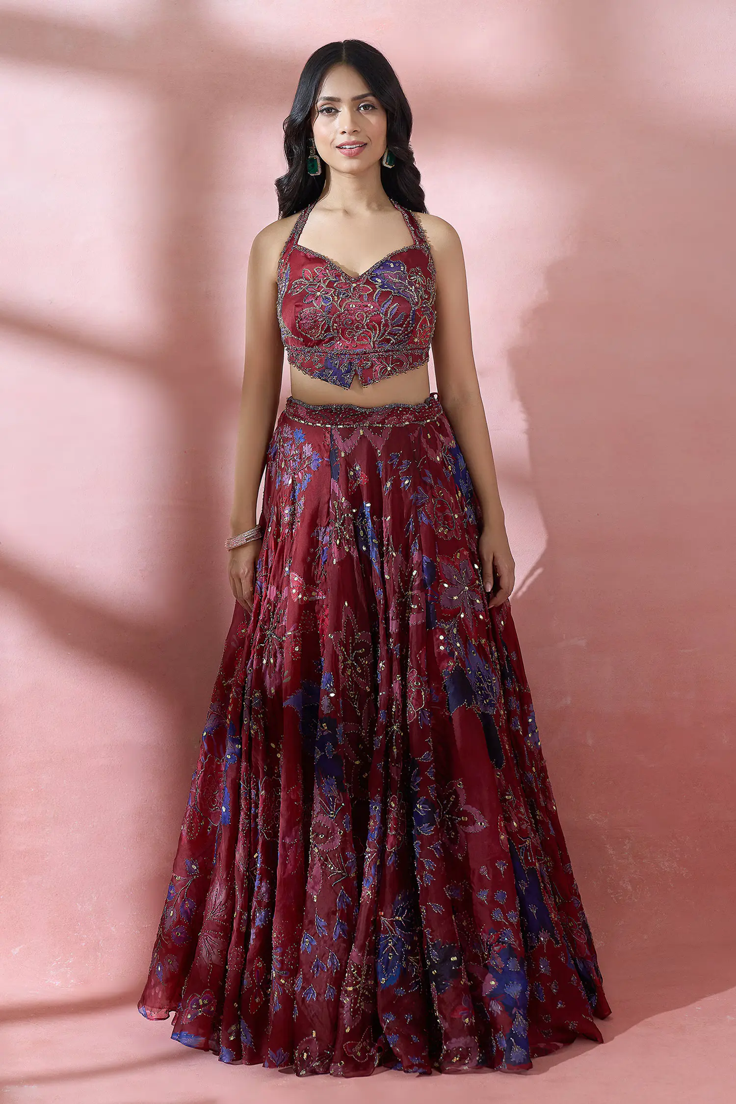 Red Embroidery, Sequins Halter Neck Floral Pattern Royal Lehenga Set