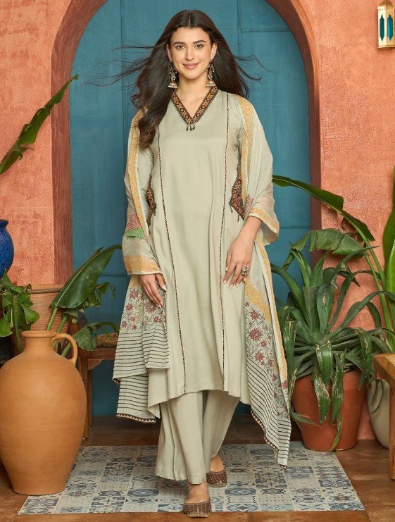 Women's Beige Solid Rayon Straight Kurta With Palazzo & Dupatta