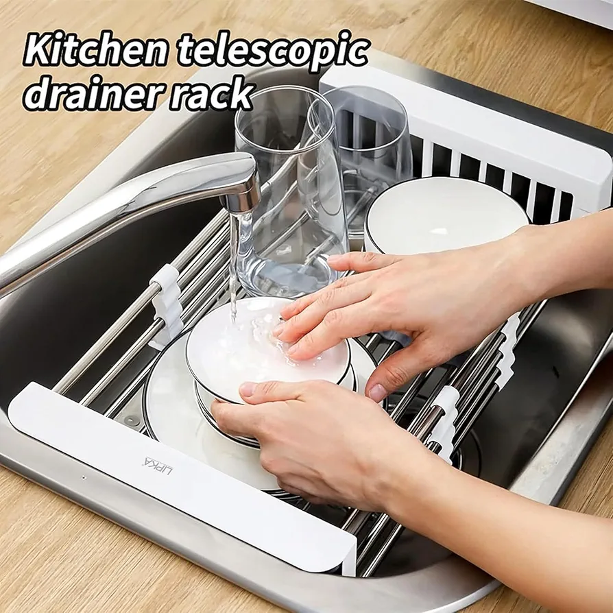 Adjustable Sliding Vegetable Basket for Kitchen Sinks | Expandable Upto 50cm | Stainless Steel Retractable Kitchen Dish Dryer/Rack Sink Basket | Strainer for Utensils, Fruits, Vegetables