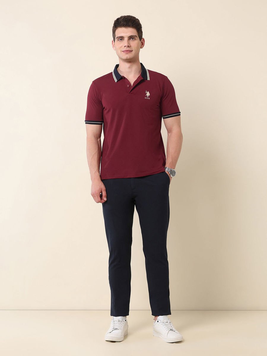 Men Wine Cotton Collar Neck Slim Fit Polo T-Shirt