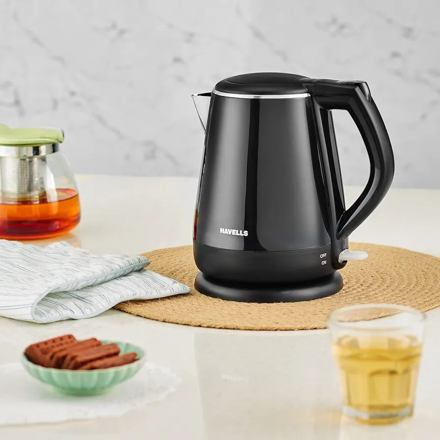 Havells Aqua Plus Electric Kettle 1.2 Litre, 1250 Watt | 304 Stainless Steel Inner Body | Cool Touch Body | Auto Shut-Off |Wider Mouth|2 Years Door Step Warranty by Havells (Black)