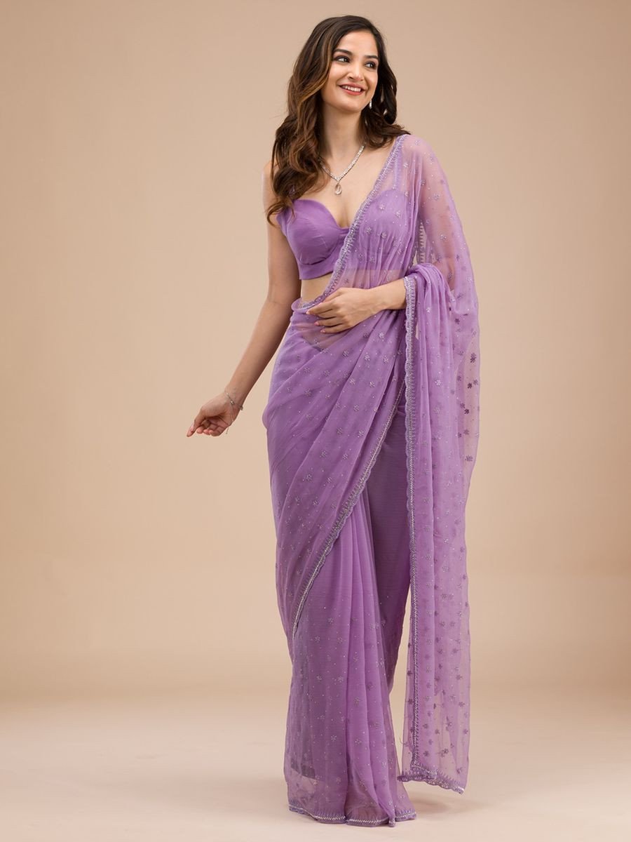 Purple Thread Work Chiffon Saree with Unstitched Blouse